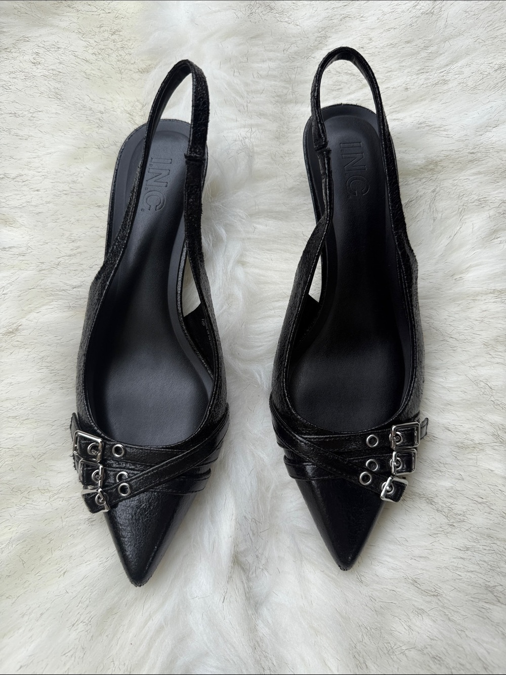 INC International Concepts Black Pointed Slingback Flats with Buckle Straps